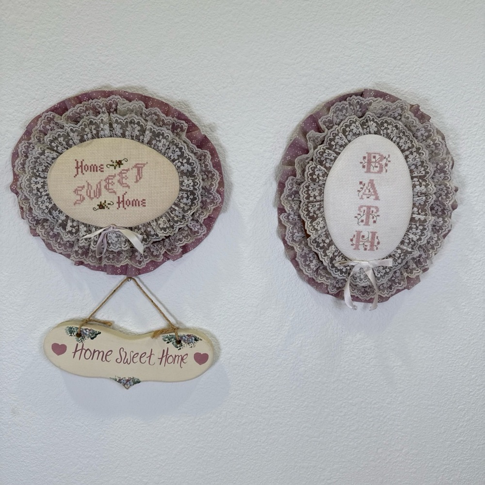Vintage Home Sweet Home & Bath Decor Handmade Embroidered Cottage Granny Core